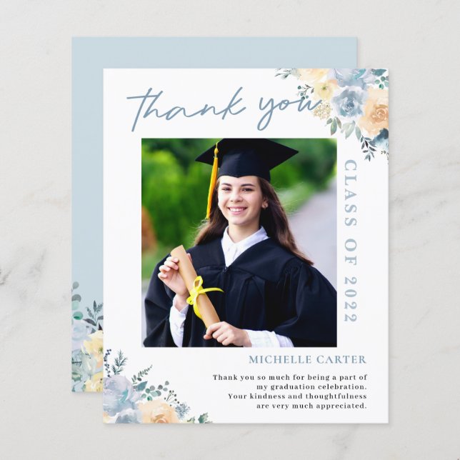 Budget Dusty Blue Floral Graduation Thank You (Front/Back)