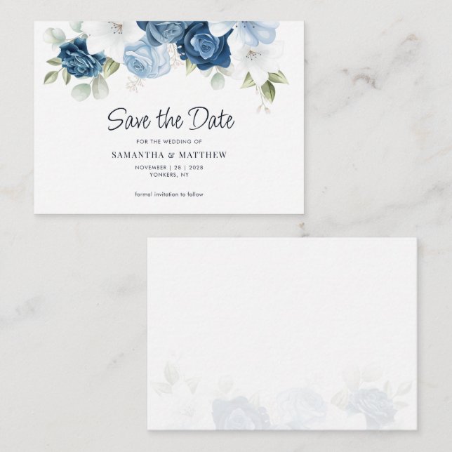 Budget Dusty Blue Floral Greenery Save the Date Card (Front/Back)