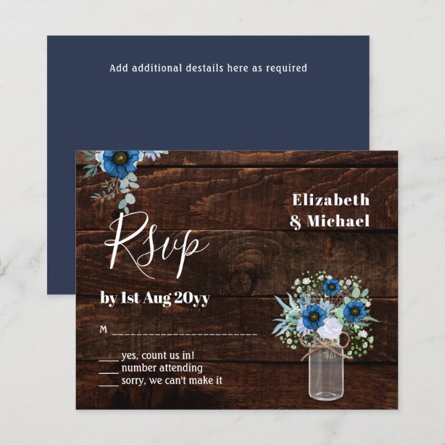 BUDGET Dusty Blue Floral RSVP Rustic Wedding (Front/Back)