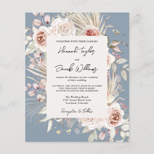 Budget Dusty Blue Floral Rustic Wedding Invitation (Front)