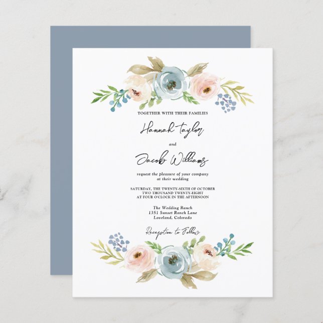 Budget Dusty Blue Floral Rustic Wedding Invite (Front/Back)