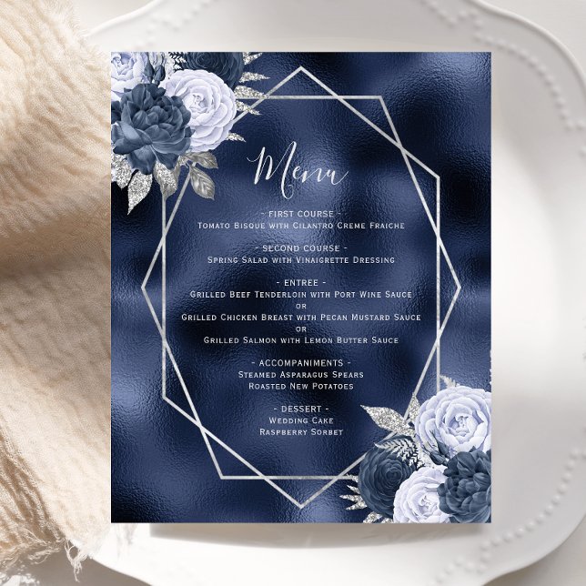 Budget Dusty Blue Floral Silver Navy Wedding Menu (Creator Uploaded)