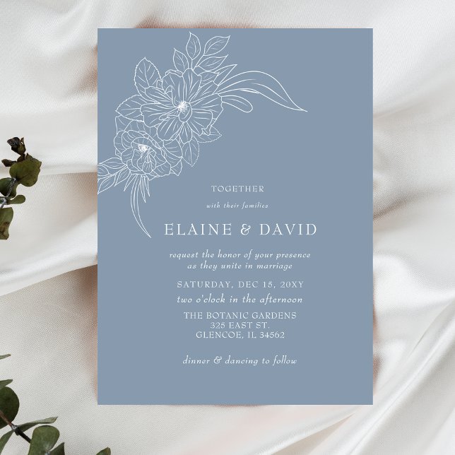 Budget Dusty Blue Floral Sketch Wedding Invitation (Creator Uploaded)