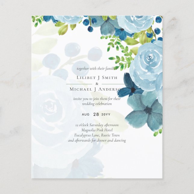 Budget Dusty Blue Floral Wedding Flyer (Front)