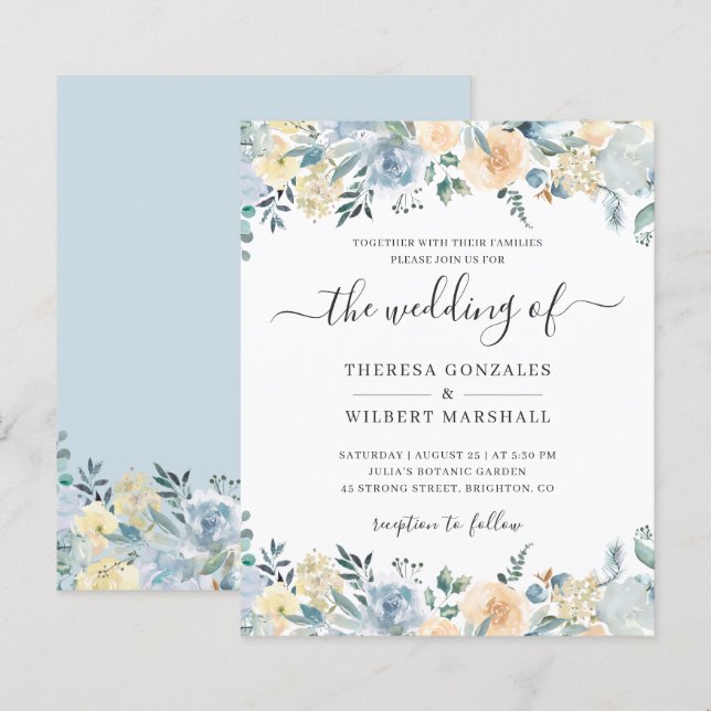 Budget Dusty Blue Floral Wedding Invitation (Front/Back)