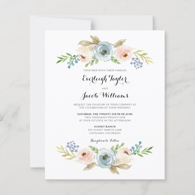 Budget Dusty Blue Floral Wedding Invitation (Front)