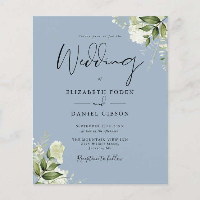 Budget Dusty Blue Floral Wedding Invitation (Front)