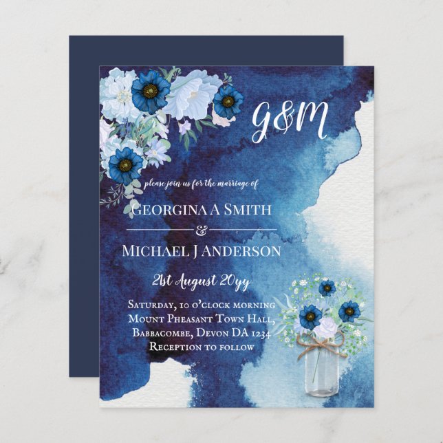BUDGET Dusty Blue Floral Wedding Invite (Front/Back)