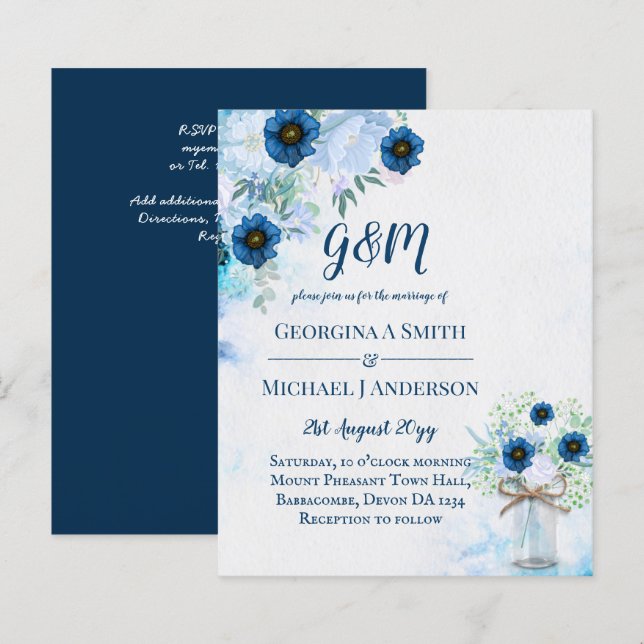 BUDGET Dusty Blue Floral Wedding Invite (Front/Back)