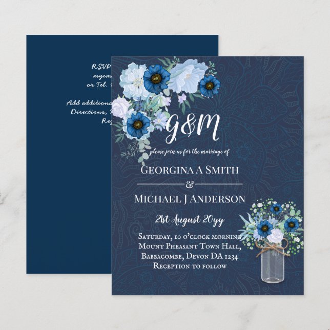 BUDGET Dusty Blue Floral Wedding Invite (Front/Back)