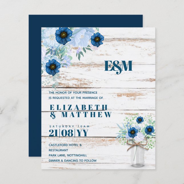 BUDGET Dusty Blue Floral Wedding Invites (Front/Back)