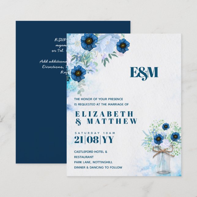 BUDGET Dusty Blue Floral Wedding Invites (Front/Back)