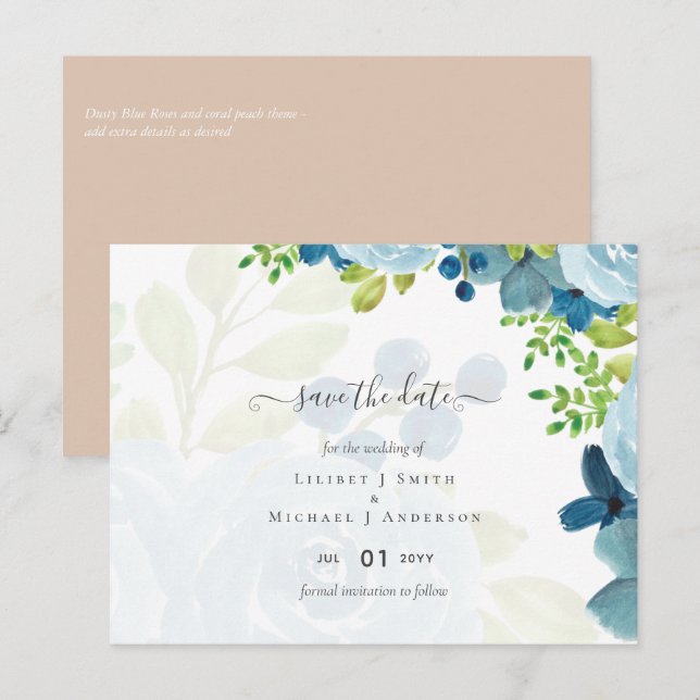 Budget Dusty Blue Floral Wedding Postcard (Front/Back)