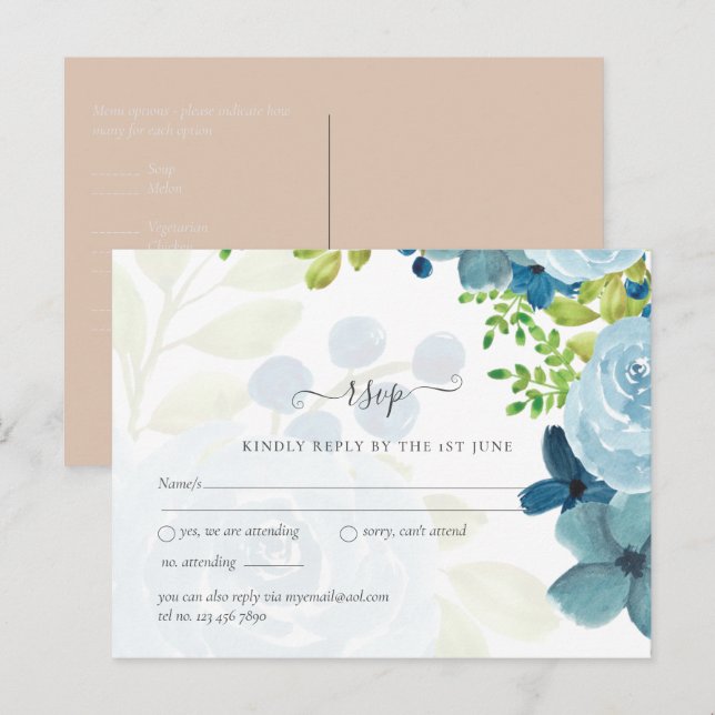 Budget Dusty Blue Floral Wedding Postcard (Front/Back)