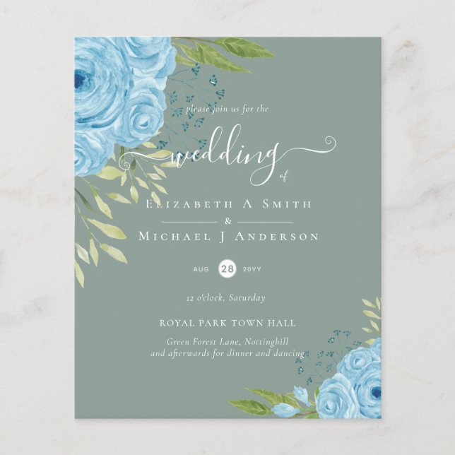 BUDGET  Dusty Blue Flowers Lime Wedding Flyer (Front)