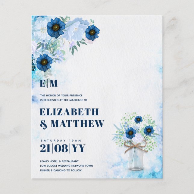Budget Dusty Blue Flowers Mason Jar Wedding Invite Flyer (Front)