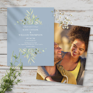 Budget Dusty Blue Foliage Wedding Photo Invitation