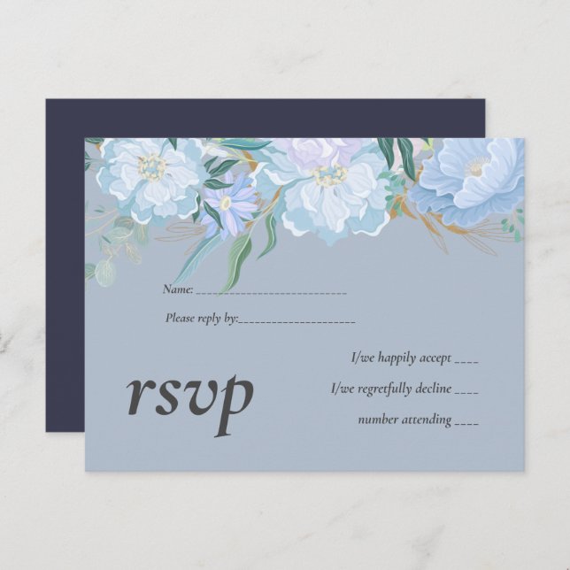 Budget DUSTY BLUE Foliage Wedding RSVP Invitation Postcard (Front/Back)