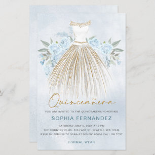 Budget Dusty Blue Gold Dress Quinceañera Invite