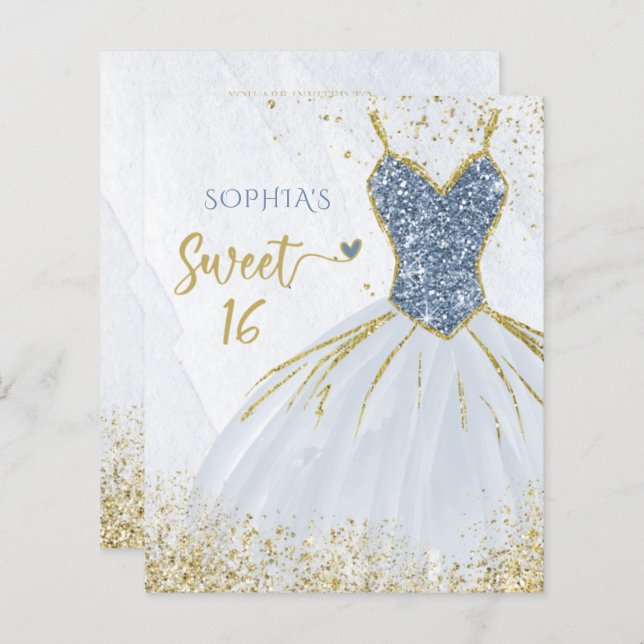 Budget Dusty Blue Gold Dress Sweet 16 Invitation (Front/Back)