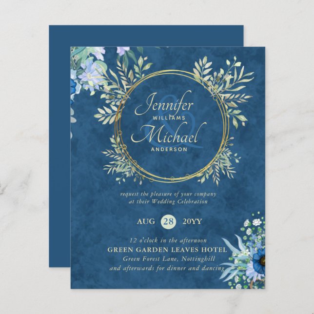 BUDGET Dusty Blue Gold Floral Wedding Invite (Front/Back)