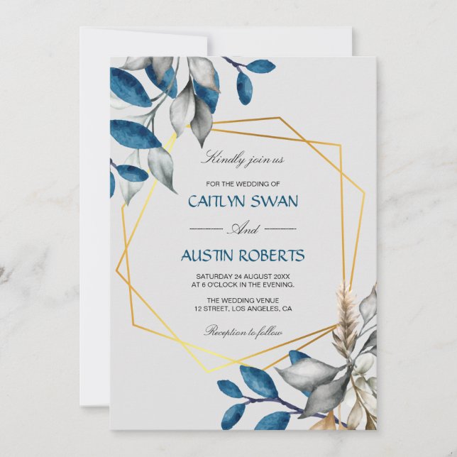 Budget dusty blue gold frame invitation (Front)