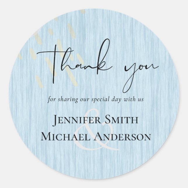 Budget Dusty Blue Gold Wedding Script Classic Round Sticker (Front)