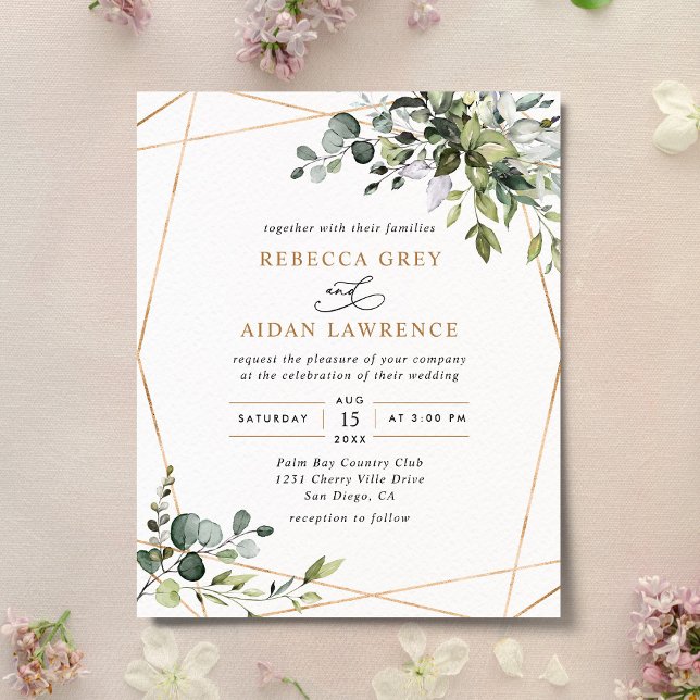 Budget Dusty Blue Greenery Gold Wedding Invitation (Creator Uploaded)
