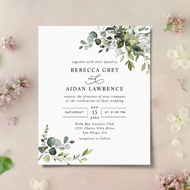Budget Dusty Blue Greenery Wedding Invitation (Creator Uploaded)