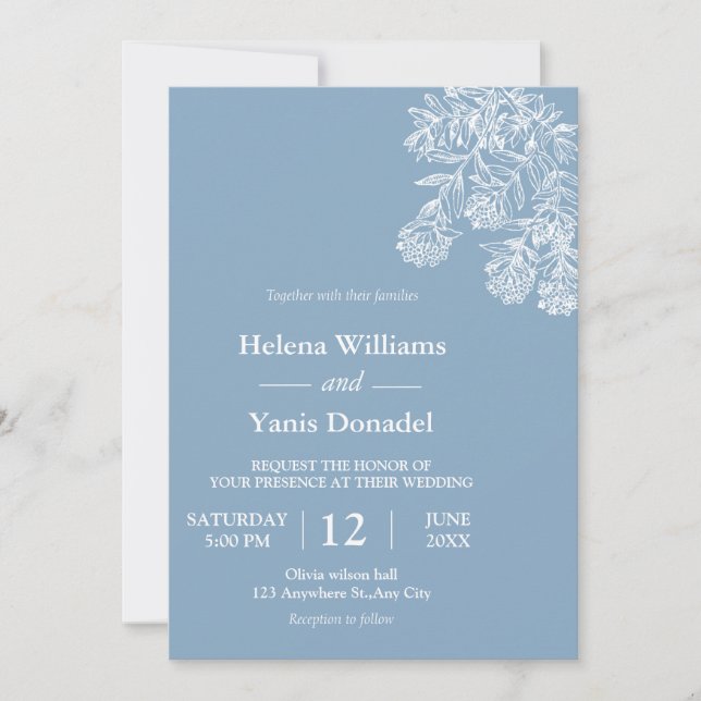 Budget Dusty blue Hand Drawn Botanical Wedding  Invitation (Front)