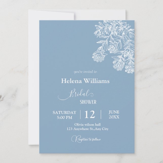  Budget Dusty blue Hand Drawn Botanical Wedding  Invitation (Front)