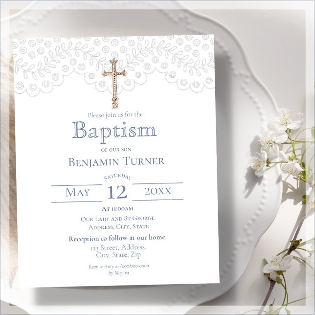 Budget Dusty Blue Lace Baptism Invitation (Creator Uploaded)
