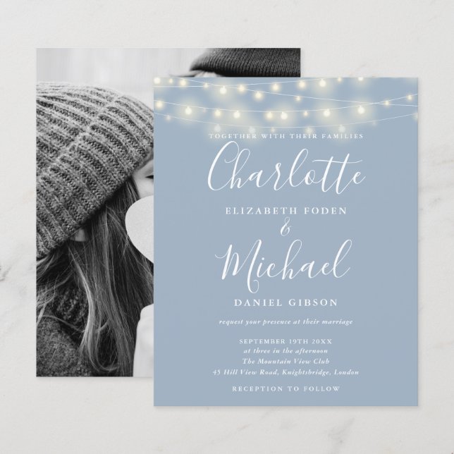 Budget Dusty Blue Lights Photo Wedding Invitation (Front/Back)