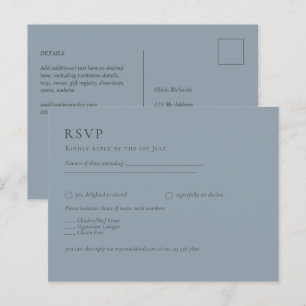 Budget Dusty Blue Monochrome Wedding RSVP Postcard