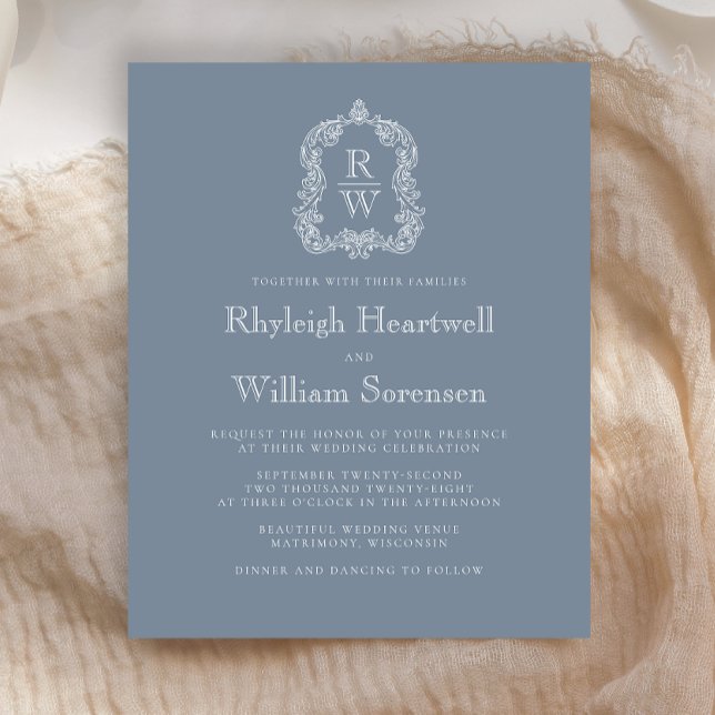 Budget Dusty Blue Monogram Crest Wedding Invite (Creator Uploaded)