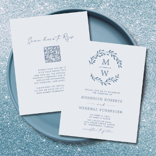 Budget Dusty Blue Monogram QR Code Wedding Invite