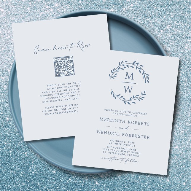 Budget Dusty Blue Monogram QR Code Wedding Invite (Budget Dusty Blue Monogram Wreath QR Code Wedding Invitation)