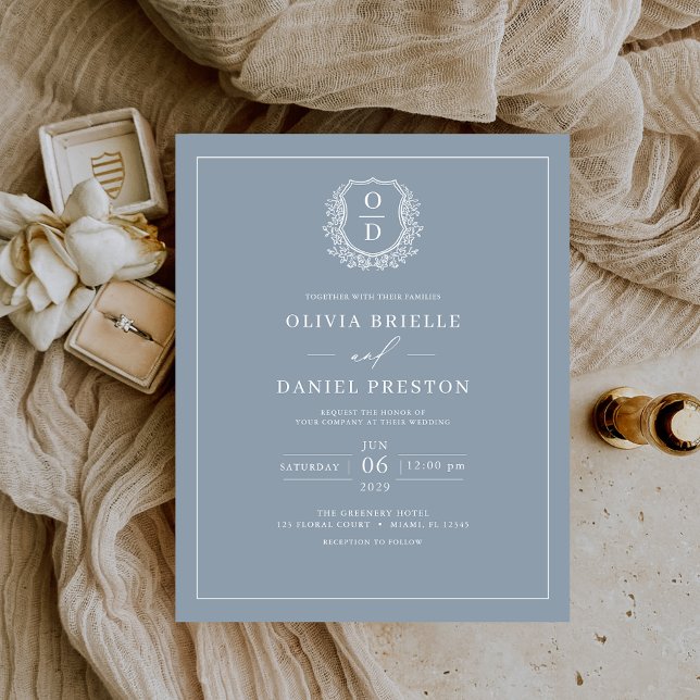 Budget Dusty Blue Monogram Wedding Invitation Flyer (Creator Uploaded)