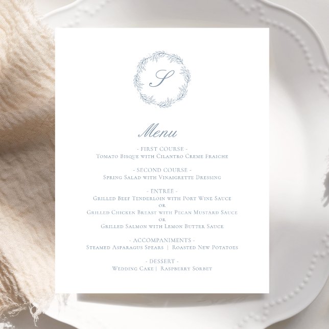Budget Dusty Blue Monogram Wreath Wedding Menu (Creator Uploaded)