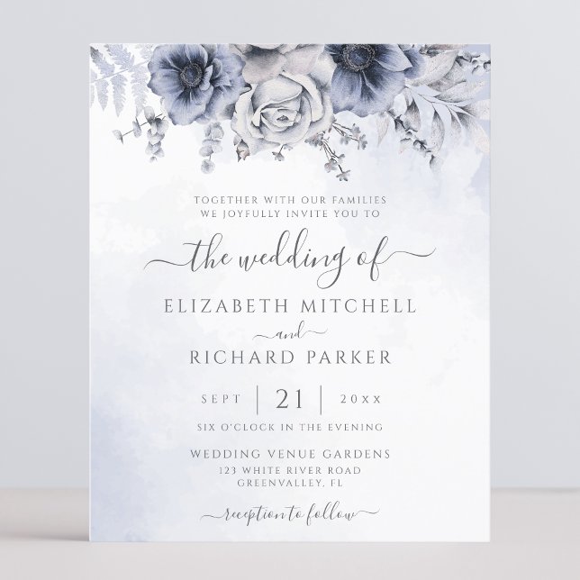 Budget Dusty Blue Navy Floral Wedding Invitation (Creator Uploaded)
