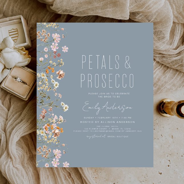 Budget Dusty Blue Petals & Prosecco Bridal Shower Flyer (Creator Uploaded)