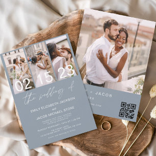 Budget Dusty Blue Photo QR code Wedding Invitation Flyer