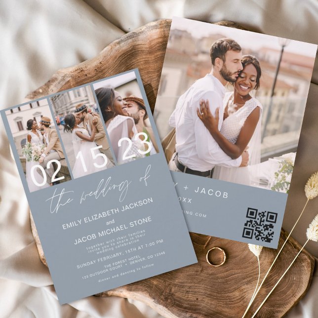 Budget Dusty Blue Photo QR code Wedding Invitation Flyer (Creator Uploaded)