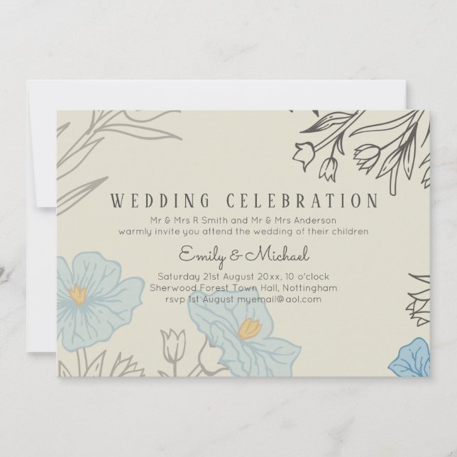 BUDGET Dusty Blue Poppy Magnolia Wedding Invite (Front)