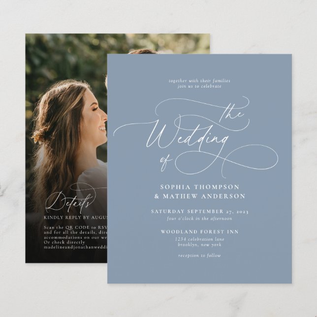BUDGET Dusty Blue QR Code Rsvp Photo Wedding (Front/Back)