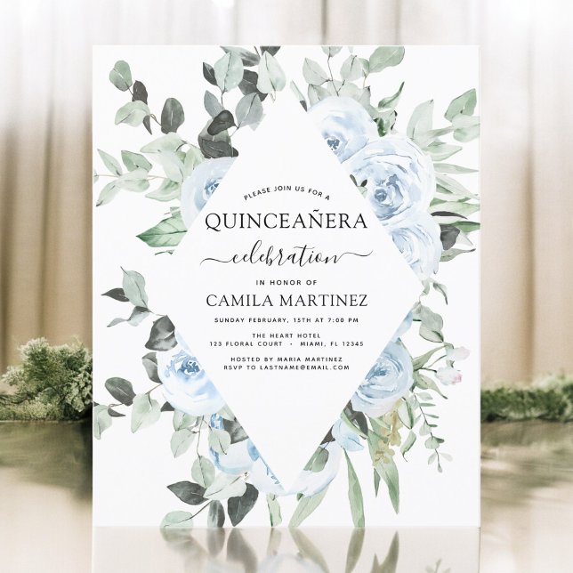 Budget Dusty Blue Quinceañera Floral Invitation (Creator Uploaded)