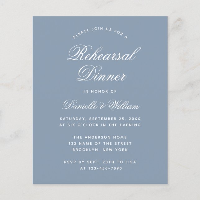 Budget Dusty Blue Rehearsal Dinner Invitation (Front)