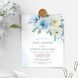 Budget Dusty Blue Rose Baby Shower Invitation