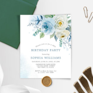Budget Dusty Blue Rose Birthday Party Invitation