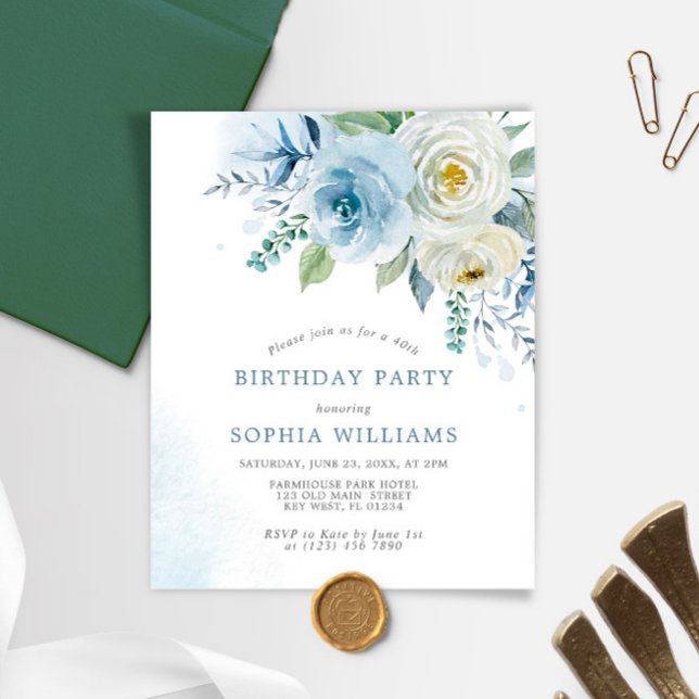 Budget Dusty Blue Rose Birthday Party Invitation (Creator Uploaded)